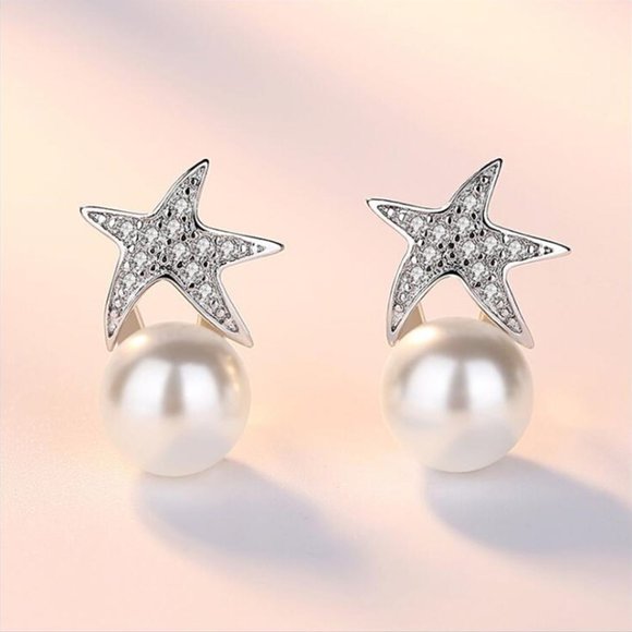 925 Sterling Silver Starfish Pearl Crystal Zircon Earrings for Woman, K250 - Picture 2 of 5